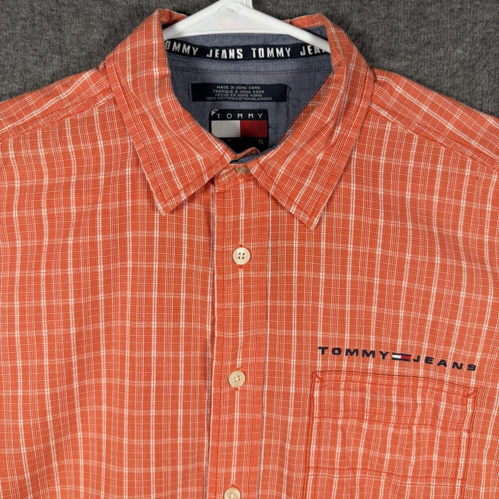Y2K Tommy Jeans Shirt Mens Medium Orange Check Short Sleeve Button Up Flag Logo
